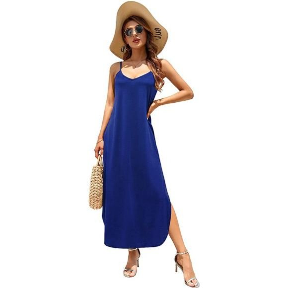 Women's Sleeveless V Neck Strappy Split Long Cami Maxi Dresses with Pocket - Picture 3 of 6